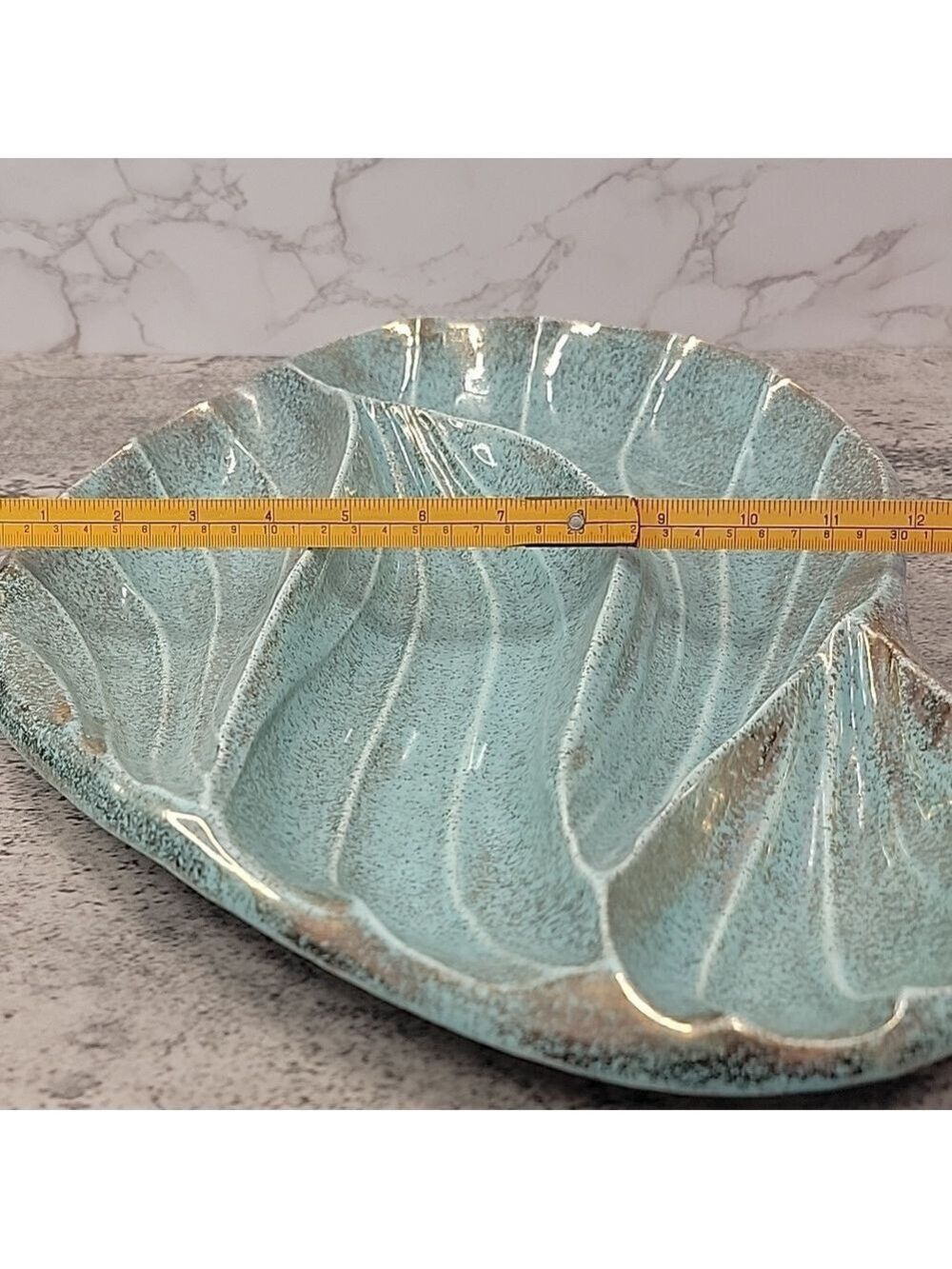 Mid Century Modern California Pottery Turquoise & Gold Leaf Divided Relish Tray - Picture 9 of 11